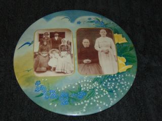 Circa 1900 Large 9 " Celluloid Family Photo Button With Blue Birds & Flowers