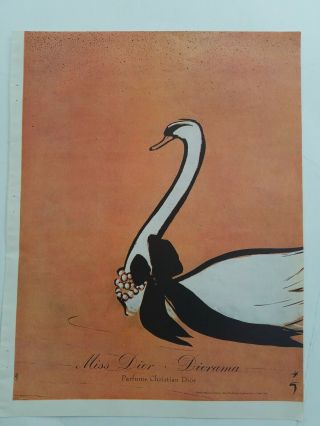 1950 Christian Dior Miss Dior Diorama Perfume Rene Gruau Swan Art Vintage Ad