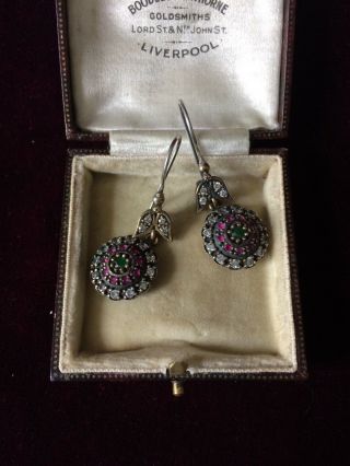 Heavy Vintage 925 Silver,  Emerald,  Ruby And Cz Earrings.