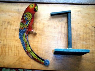 Vintage Pendulum Balance Metal Parrot W/ Wooden Stand - American Folk Art Toy