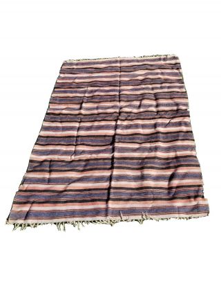 Vtg Mexican Blanket Wool Woven 88”x 62” Stripes Fringe Southwestern