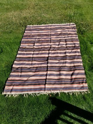 Vtg Mexican Blanket Wool Woven 88”X 62” Stripes Fringe Southwestern 2