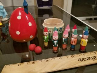 Vintage Wooden Egg Cottage W/ Gnome Bowling Pins And Balls
