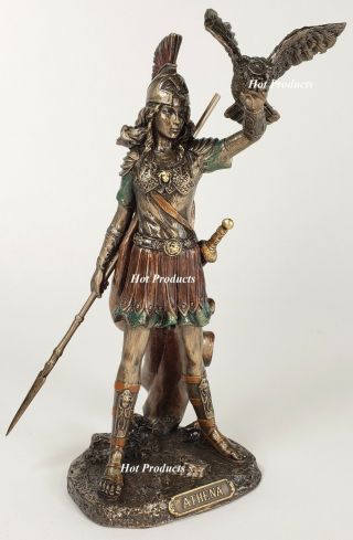 8 " Athena Goddess Of War W Spear Raising Owl Greek Mythology Statue Bronze Color