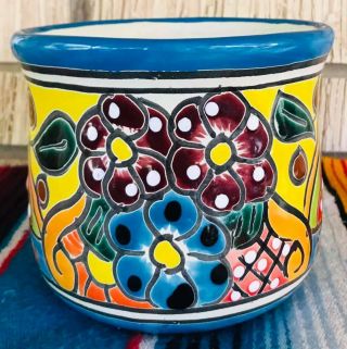 Lg Mexican Ceramic Flower Pot Planter Folk Art Pottery Handmade Talavera 09