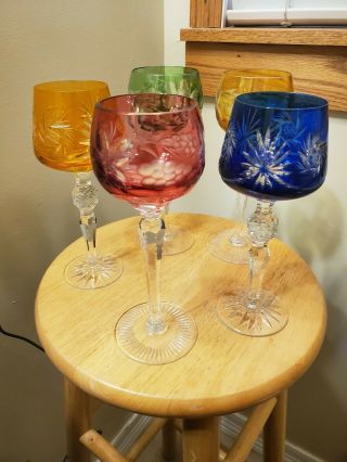 Vintage 5 Bohemian Czech Crystal Wine Glasses Euc