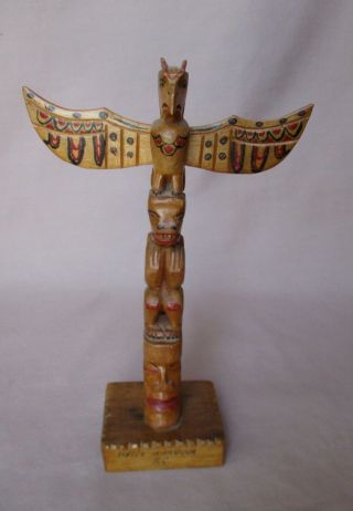 Vintage 8 " Northwest Coast Hand Carved Wood Totem Pole Signed Bc Canada