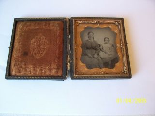 Old Antique Tin Type Photograph Mother / Daughter ? With Photo Case