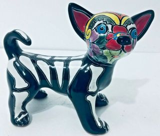 Mexican Pottery Animal Talavera 8” Dog Figure Chihuahua Skeleton Day Of The Dead