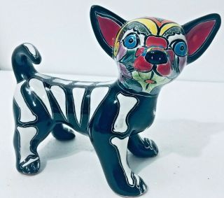 Mexican Pottery Animal Talavera 8” Dog Figure Chihuahua Skeleton Day of the Dead 2
