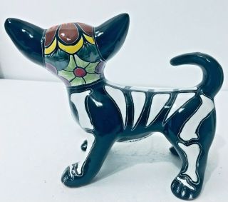 Mexican Pottery Animal Talavera 8” Dog Figure Chihuahua Skeleton Day of the Dead 3