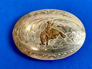 Vintage Tex - Tan Sterling Front Belt Buckle Rodeo Cowboy On Wild Bucking Horse