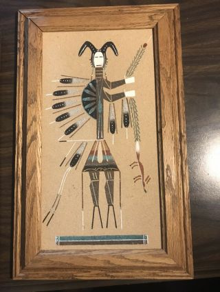 Vintage Indian Navajo Native American Sand Painting Framed Wall Art Signed