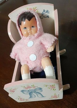 Vintage 3 " German Made Jointed Miniature Baby Doll With Hand - Painted Cradle