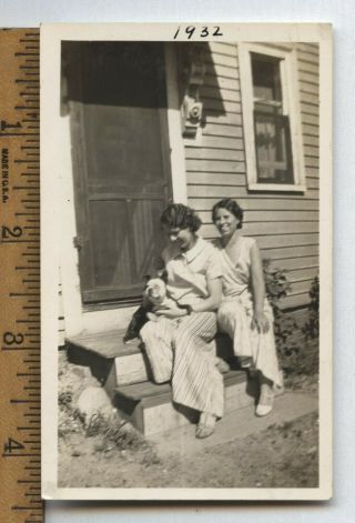 Vintage 1932 Photo Cute Boston Terrier Dog And Women Snapshot