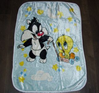 Vtg Baby Looney Tunes Sylvester Tweety Bird Blue Blanket Throw Plush Lovey