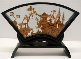 Vintage Chinese Carved Cork Diorama In Glass The Base Measures 7” X 2”