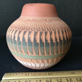 Navajo Native American Etched Pottery Vase Pot Signed