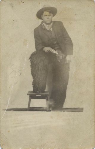 Rppc.  Wanna Be Cowboy.  Young Man In Wooly Chaps W/ Pistol.  Gay Interest.