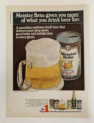 1970 Meister Brau Premium Draft Beer Can Glass Print Ad Gives You More