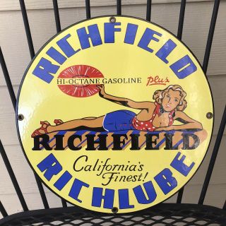 Old Vintage Richfield Hi - Octane Gasoline Motor Oils Porcelain Gas Pump Sign