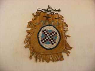 Vtg Native American Indian Beadwork - 6 1/2 " Long Deer Hide Beaded Bag