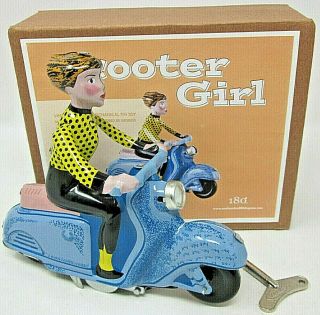 Scooter Girl Vintage Wind Up Mechanical Tin Litho Toy Vespa 180 Degrees
