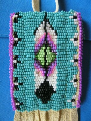 Hand Beaded Medicine Bag W/ Eagle Feather Design By Taos Artist Barbara Woods