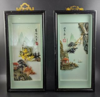 2 Vintage Asian Carved Shell Art Mother - Of - Pearl 3d Shadow Box Mountains Trees