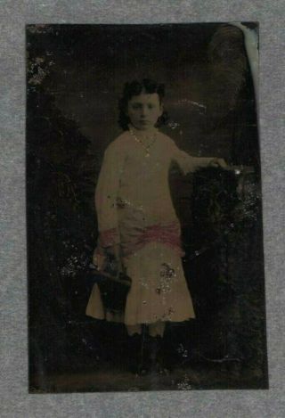 Tintype Of Girl With Basket,  Hand - Coloured Sash,  Recent Photo Jx1829