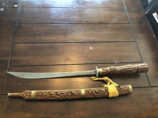 Vintage Hand Carved Wooden Sword Thailand Wall Hanger Weapon Thai Handmade Art 2