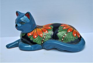 Mexican Talavera Pottery Cat Sculpture Animal Figure 11 1/2 " Long