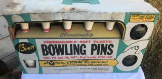 Vintage Transogram Championship Bowling Game 13 " Plastic Pins With 2 Black Balls