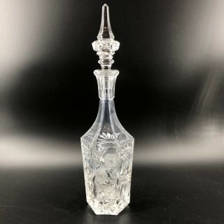 Vintage Clear Glass Crystal Liquor Decanter 16” Frosted Flower Design Barware