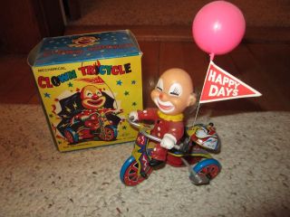 Vintage Mechanical Clown Tricycle Wind - Up Toy W/box