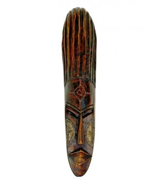 African Ghana Hand Carved Wood Mask Tribal Wall Art W Metal Accent 22 "