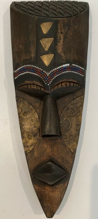 Vintage Ghana African Tribal Art Wall Mask Hand Carved Wood Metal Beads 15” X6”