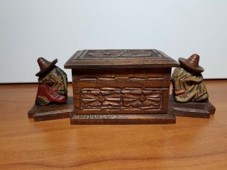 Vintage Mexico Carved Wood Cigarette Box Figurals In Sombreros