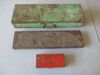 3 Vintage Snap - On Metal Tool Box Boxes For Restoration Ferret Red,  Gray Green,