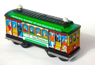 Vintage.  Cond.  Tin Toy Train Trolley Car San Francisco.  Pull Back Action.