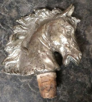 Vintage Large Stallion Horse Head Silvery Metal Bottle Stopper Approx.  5 " X 6 "
