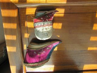 Antique Chinese Silk Embroidered Lotus Bound Feet Shoes repurposed pincshions 3