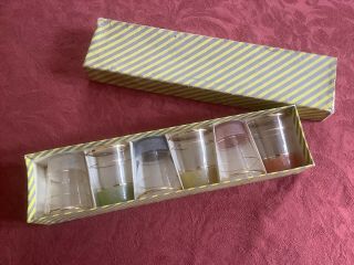 Vintage Set Of 6 Coloured Shot Glasses With Gold Rims.  Box