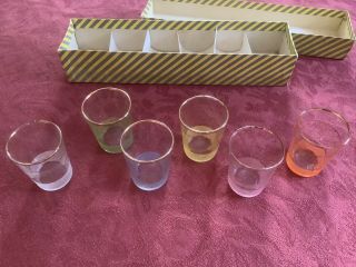 Vintage Set of 6 Coloured Shot Glasses with gold rims.  Box 2