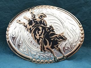 Vintage Nos Crumrine Silver Black & Gold Bull Riding Cowboy Rodeo Belt Buckle