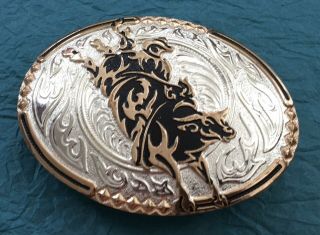 Vintage NOS Crumrine Silver Black & Gold BULL RIDING Cowboy Rodeo BELT BUCKLE 2