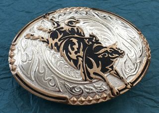 Vintage NOS Crumrine Silver Black & Gold BULL RIDING Cowboy Rodeo BELT BUCKLE 3