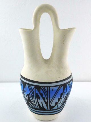 Native American Ute Pottery Signed Blue Wedding Vase Black Linework Design Good