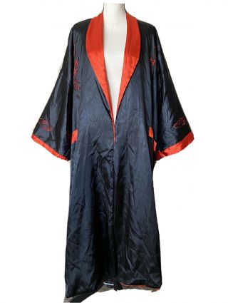 Reversible Embroidered Dragon Design Silk Kimono Robe Black/red Xl
