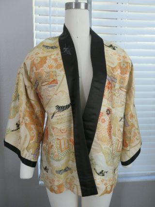 Antique Vintage Japanese Kimono Haori Jacket,  Crane Brocade Silk Lining,  Golden